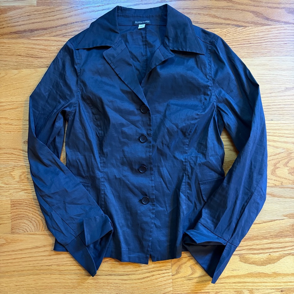 Eileen Fisher black ramie blend button down blouse size small